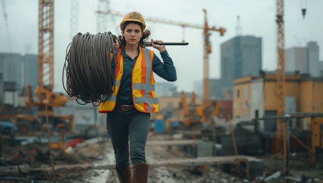 Female Construction Worker Carrying Heavy Cable Coil Across Muddy Urban Construction Site