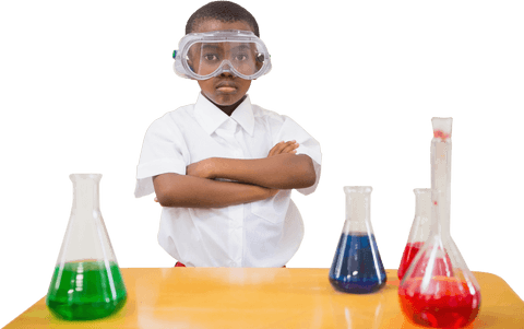 Serious boy engaged in science experiment on transparent background