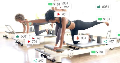 Women doing pilates reformer workout with social media engagement overlays and coach cues