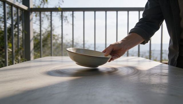 Hand spinning ceramic bowl creating circular motion blur on sunlit balcony table