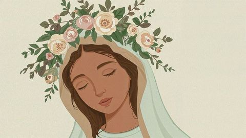 Serene meditative woman with floral wreath on beige
