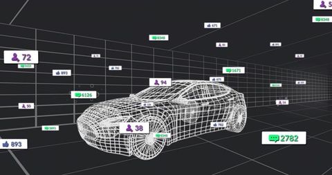 3d wireframe sports car with social media metrics concept