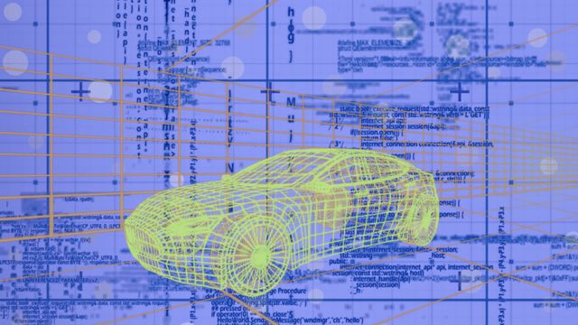 3D car model with digital grid and data overlay, suitable for illustrating advanced car engineering, automotive design, virtual prototyping. Ideal for use in articles, educational materials, and presentations related to digital automotive design, CAD technology, data visualization, and engineering projects.