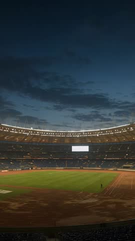 Vertical video showing worker inspecting athletics track under stadium floodlights at dusk