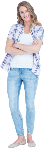 Smiling Woman in Casual Jeans and Plaid Shirt Transparent Background