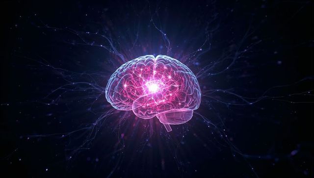 Neon Brain Network Pulsing Central Synapse with Radiant Neural Filaments in Dark Space