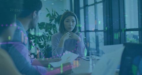 Professionals Analyzing Market Trends in modern office with Analytics Overlay