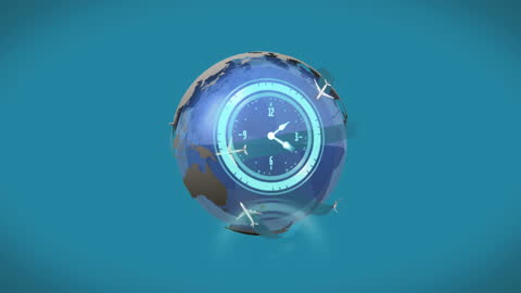 Digital Clock Over Rotating Globe with Airplanes