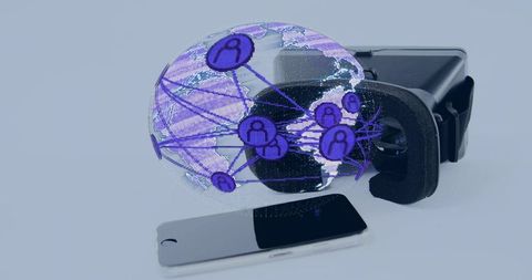 Vr headset projecting purple holographic globe with social network nodes above smartphone