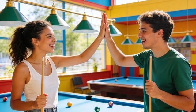 Teenagers high-fiving while playing pool in vibrant billiards hall, casual friendship