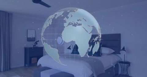 Holographic globe hovering over minimalist bedroom bed futuristic ambient lighting