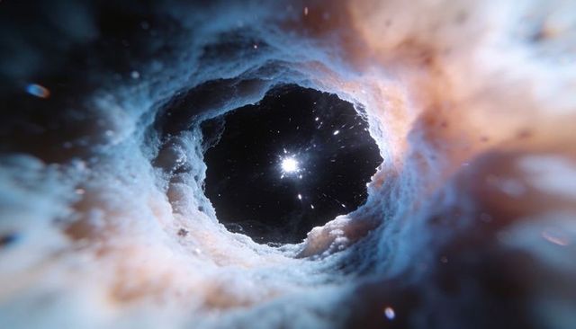 Nebula tunnel revealing bright star through dusty cosmic cavity and particle glow