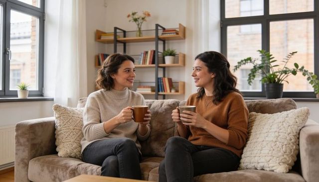 Cozy coffee conversation between friends on sofa holding ceramic mugs in sunlit living room