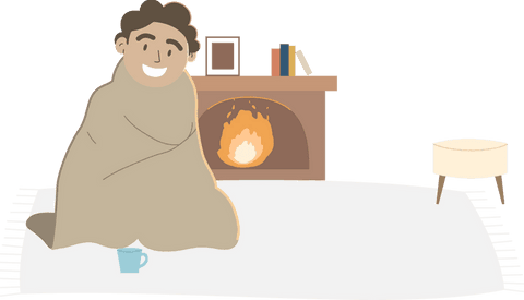 Cozy man by fireplace under blanket on transparent background