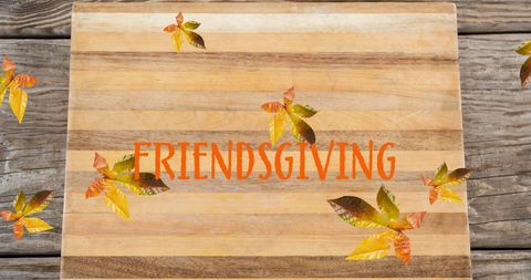 Friendsgiving Celebration Autumn Leaves Wooden Background
