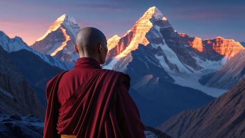 Solitary monk in meditative view of snow-capped peaks at sunrise