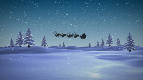 Festive Silhouette of Santa's Sleigh with Reindeer and Snowfall