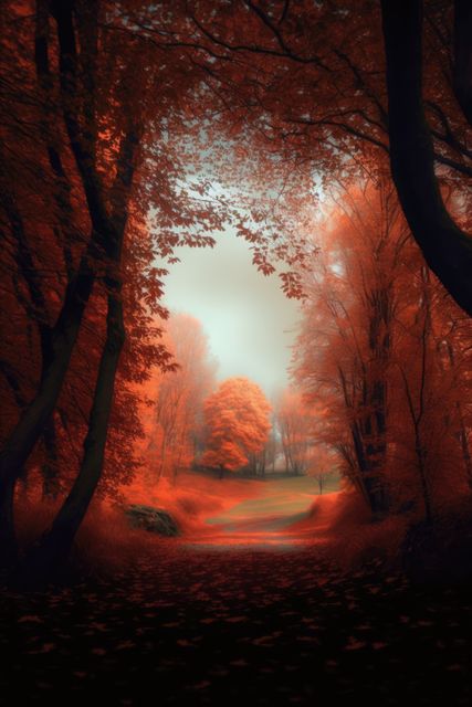 Forest scenery and trees with red leaves created using generative ai technology. Autumn, landscape and nature concept digitally generated image.