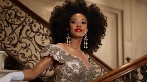 Model descending grand staircase in embellished couture gown, posing with gloved hand on banister