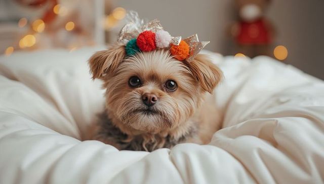 Small dog wearing colorful pom-pom crown and glitter bow, resting on plush white blanket
