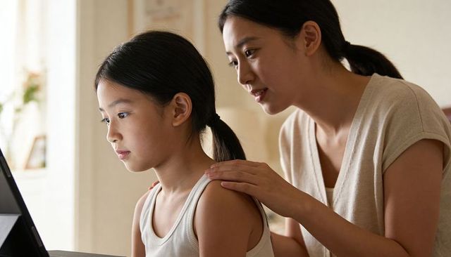 Mother guiding daughter studying on laptop at home desk, nurturing focused learning