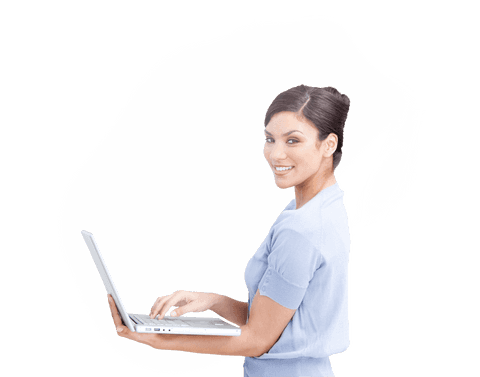 Cheerful businesswoman using laptop with positive energy on transparent background