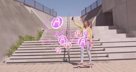 Skateboarder interacting with augmented reality hologram network using smartphone in plaza