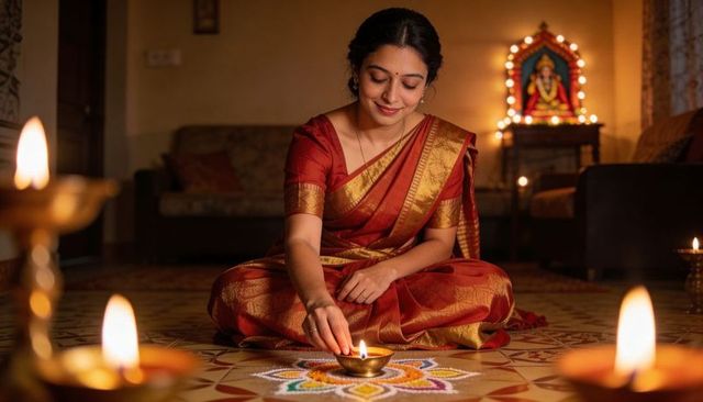 Lighting diya on rangoli: woman in red silk sari performing diwali puja with brass lamp