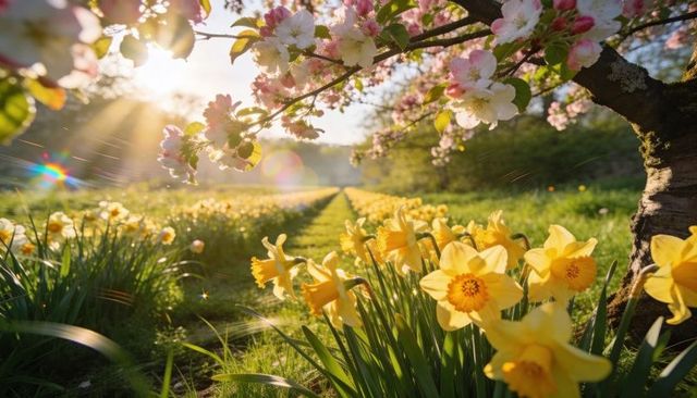 Sunlit spring daffodils and apple blossoms lining pastoral meadow path during golden hour