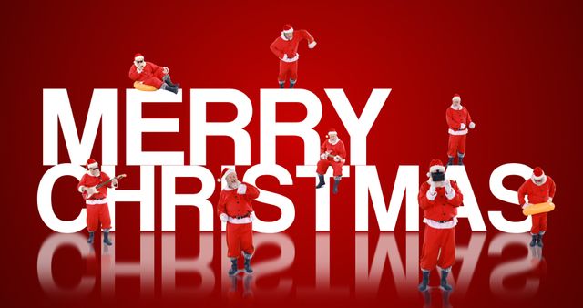 Group of santa claus dancing and performing various activity on red background 4k