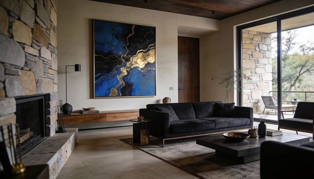 Charcoal velvet sofa and stone fireplace in modern rustic lounge with blue abstract art