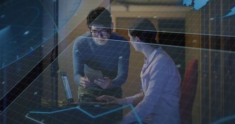 Team Discussing Data in High-Tech Lab with Digital Overlay