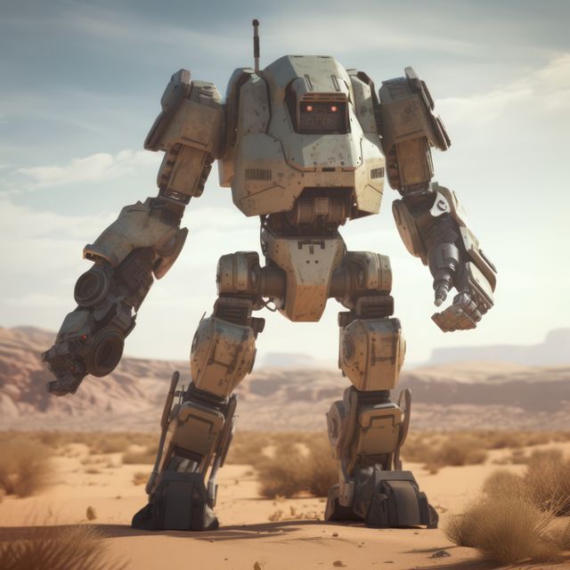 Mecha giant robot with lights over desert, created using generative ai technology. Mecha, science fiction and machines concept digitally generated image.