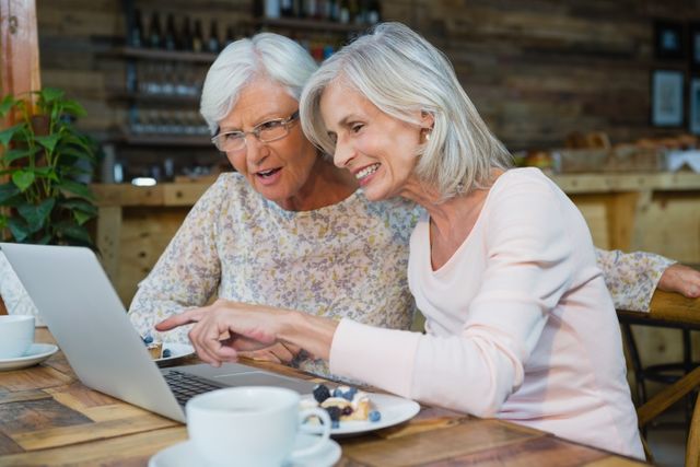 Two senior women are sitting at a wooden table in a cafe, using a laptop together. They are smiling and appear to be enjoying their time. This image can be used to depict themes of technology use among the elderly, friendship, leisure activities, and social interaction in a casual setting.