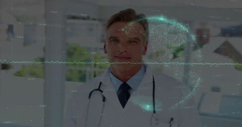 Doctor in clinic corridor with holographic globe technology