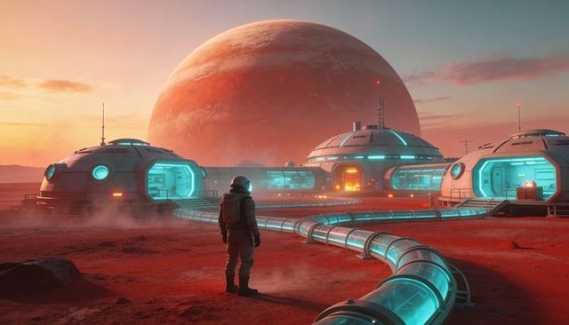 Astronaut standing by tubed walkway leading to futuristic mars colony domes at sunset