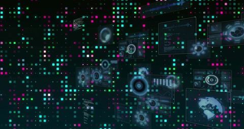 Floating holographic data interface with circular hud gauges and neon pixel matrix visualization