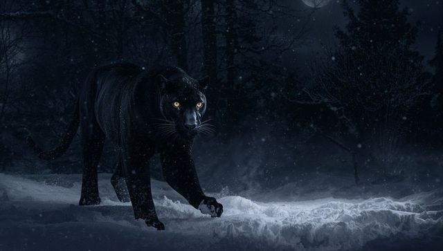 Nocturnal black panther stalking through moonlit snowy forest leaving visible paw prints