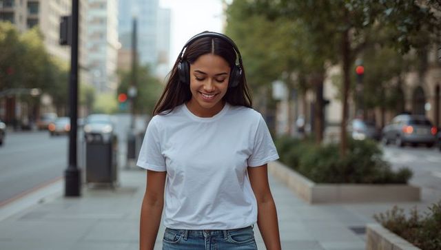 Young woman walking urban sidewalk wearing headphones and white tee, listening to music