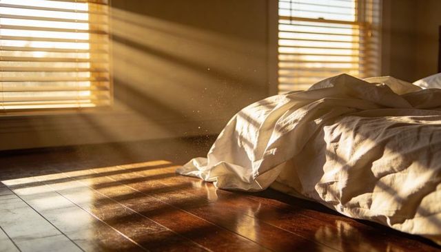 Sunbeams catching dust over unmade bed on hardwood floor, warm morning light and calm