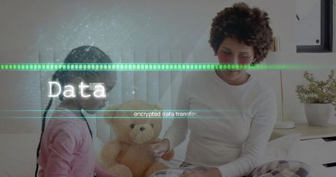 Mother and child sharing cozy bedtime moment with teddy bear and digital data overlay