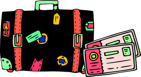 Colorful travel suitcase with identification cards on transparent background