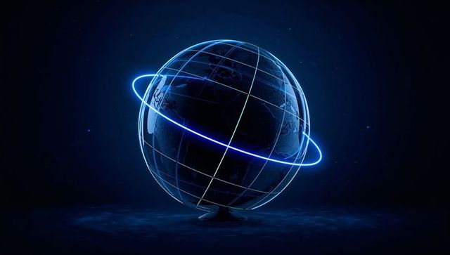 Glowing 3d digital globe with neon orbital ring on pedestal for futuristic tech concepts
