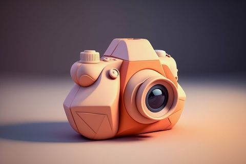 Stylized orange camera model with technology geometric shapes