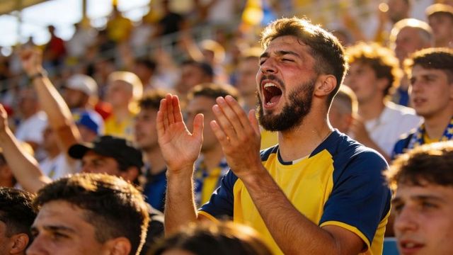 Cheering bearded fan clapping and shouting in yellow blue jersey amid sunlit stadium crowd