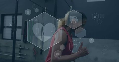 Digital Health Interface with Athletic Woman Training in Gym