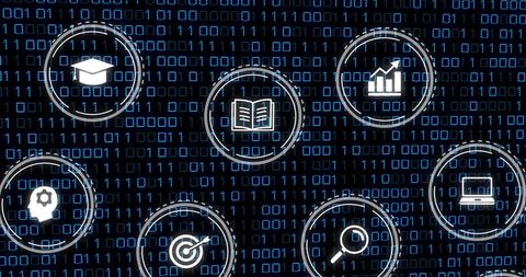 Binary code network with digital data and education icons