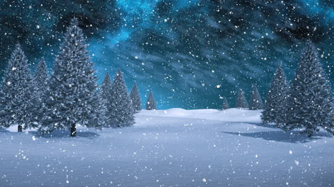 Mystical Winter Night with Falling Snow and Evergreen Trees