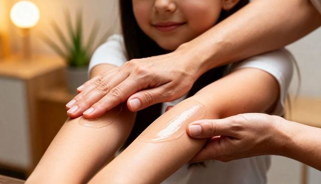 Caregiver applying moisturizer on child forearms cozy home skincare bonding moment