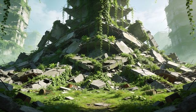 Overgrown urban ruins forming pyramid of collapsed concrete slabs and vines